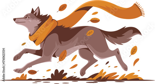 Running Wolf in Autumn A Warm Embrace of Fall with Leaves and Scarf