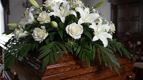 Floral arrangement on wooden casket in memorial service setting