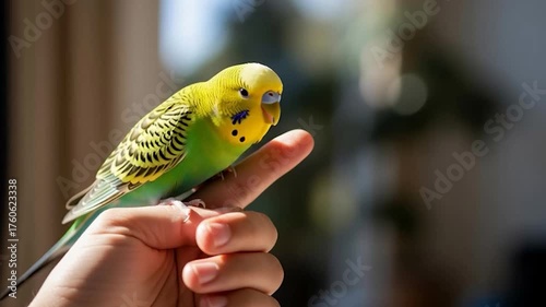 A beautiful green and yellow budgerigar perches gently on a persons finger showcasing its vibrant plumage and friendly demeanor.