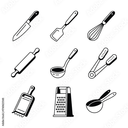 Kitchen utensil icons with black outline on white background chef knife spatula