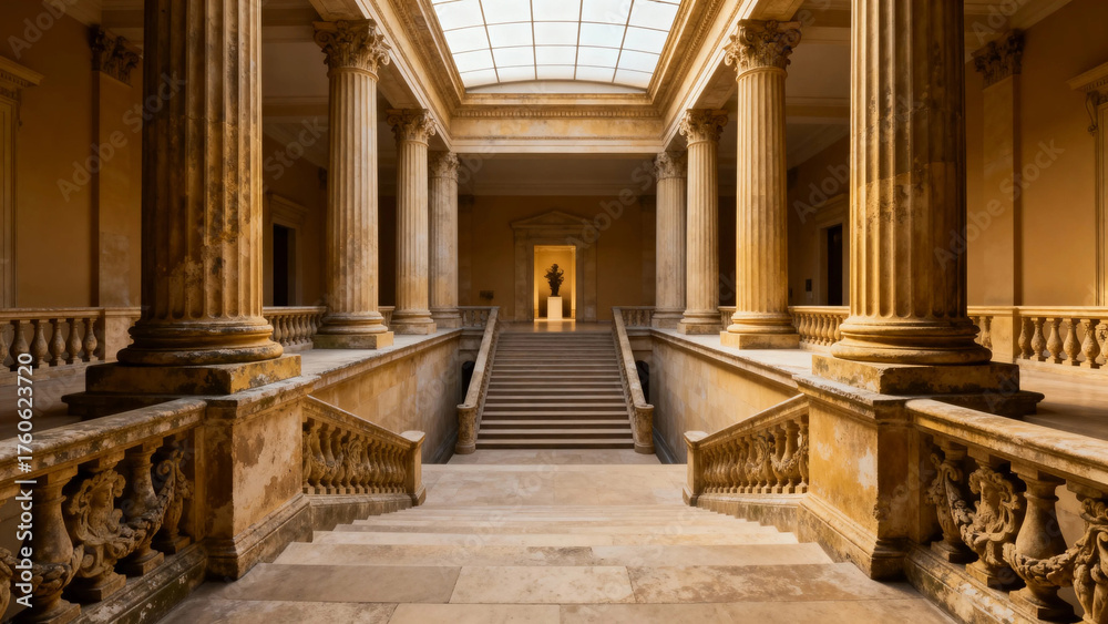 Obraz premium Grand interior of a classical building with stone columns, staircase, and skylight