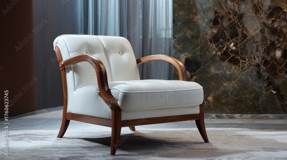 Fototapeta premium A cream-colored, button-tufted armchair with wooden armrests and legs is showcased against a backdrop of marble and drapes