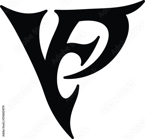 Monochromatic Gothic Monogram Merging Letters V and P: Stylized Fantasy, Metal, or Gaming Logo Design Element, Black and White Initials Vector Icon, Mystical and Elegant Typography Art.