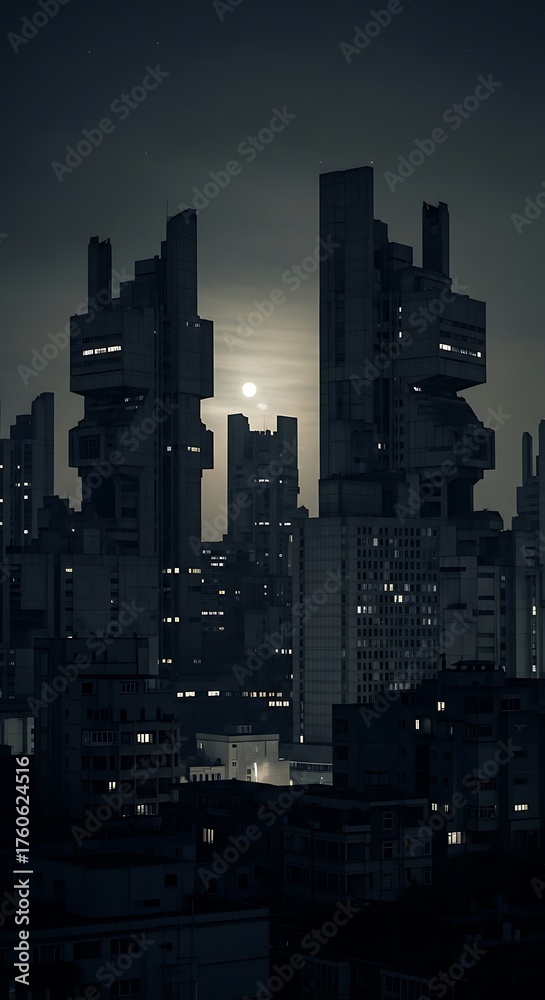 Fototapeta premium Futuristic Cityscape at Night - A Dark and Atmospheric Urban Scene.