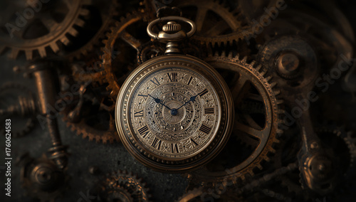 Elegant antique pocket watch with Roman numerals surrounded by gears