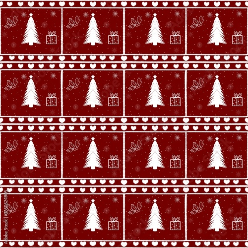 Christmas Gift and Tree Seamless Red Background with Heart Border and Snowflakes