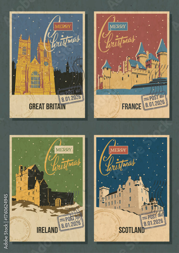 Merry Christmas Greeting Card Set. Great Britain, France, Ireland, Scotland Attractions Postcards. Old European Castle, Fortress, Church. Aged Texture, Retro Greeting Cards Style Illustrations