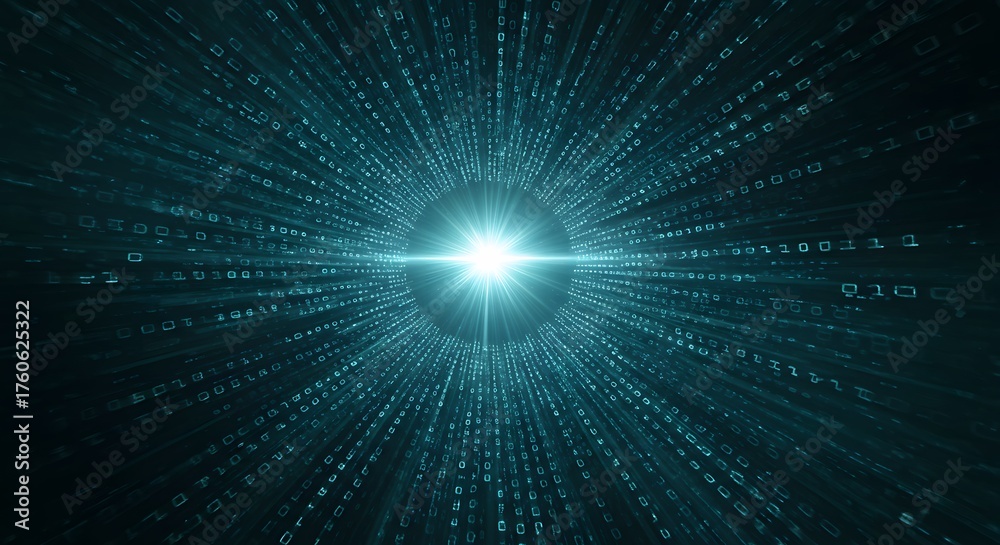 Obraz premium Abstract Digital Tunnel of Binary Code Data Flowing Towards Bright Light Source
