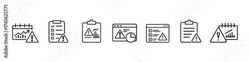 Risk, warning, and error report icons – alert, caution, danger, financial risk, and business error outline vector illustrations