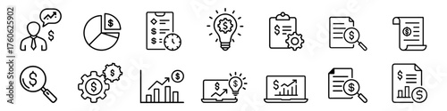 Finance, analysis, and investment icons – money, pie chart, financial report, idea, profit, and business analytics outline vector symbols