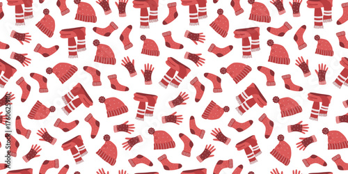 Warm and cozy knitted clothing, pattern. Knitted hat, scarf, socks, gloves. Autumn and winter season. A set of simple flat illustrations. Repeating background.