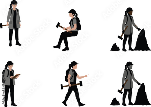 Geologist silhouette illustration, rock hammer pose, fieldwork activity, sample analysis, outdoor gear, observation stance, black icon, geological study