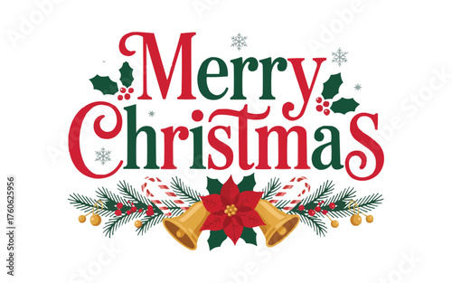 Festive Merry Christmas design to bring winter cheer with candy canes, bells, and poinsettia for a joyful holiday season and happy new year greeting