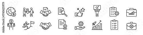 Business success, partnership, and achievement icons set – teamwork, handshake, growth, approval, and project management outline vector symbols