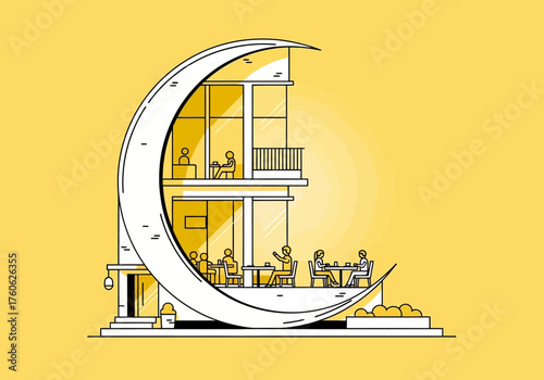 Crescent Moon Building with People Dining and Relaxing.