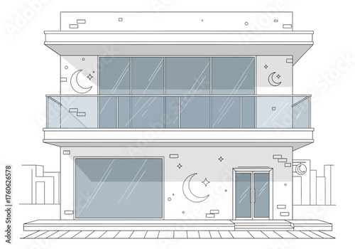 Two-Story Building with Balcony Large Windows and Crescent Moon Decorations.