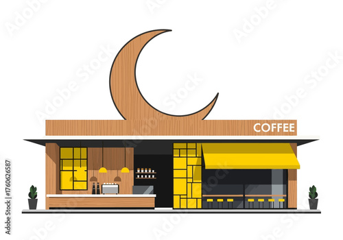 Modern Coffee Shop with Crescent Moon Sign and Yellow Accents.