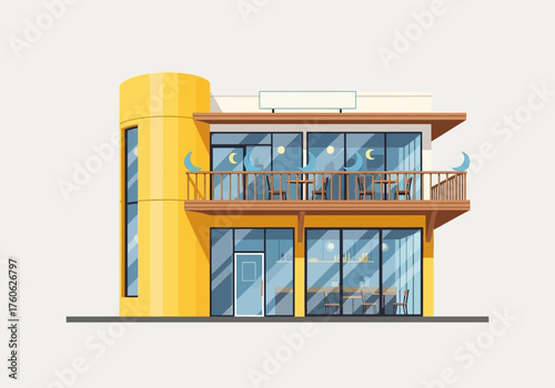 Two-Story Yellow Building with Balcony and Large Windows Modern Architecture.