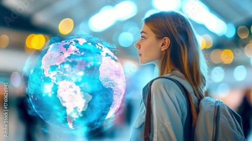 Witness a captivating moment where technology meets imagination. A young woman stands entranced by a glowing globe, highlighting our connected world. Experience the magic. AI