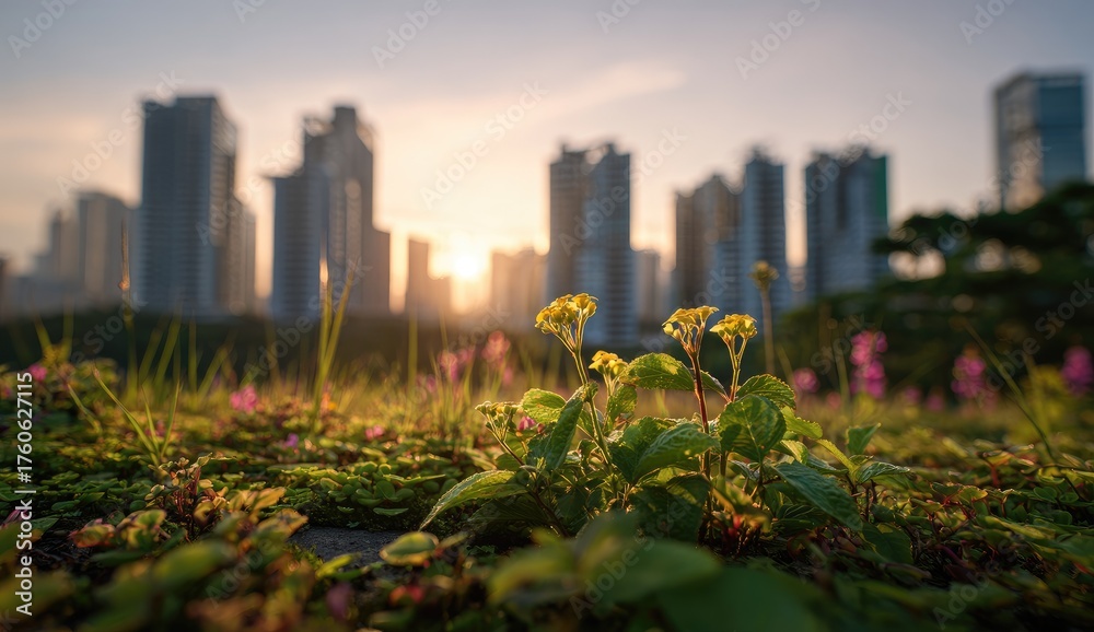 Obraz premium Urban flora at sunset, vibrant plants, blurry city