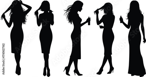 Hair styling silhouette, beauty routine, spray bottle pose, female figure, black vector, fashion icon, personal care, elegant stance, salon graphic, grooming art