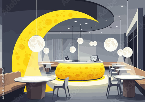 Modern Restaurant Interior with Moon Theme and Yellow Accents.