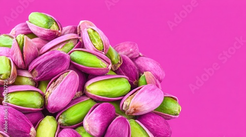 Pistachios with vibrant pink shells on bright background