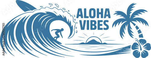 Minimalist black and white aloha vibes logo design featuring surfer palm tree and wave vector