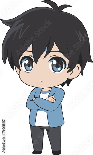 Chibi anime boy with tousled dark hair and expressive green eyes posing confidently vector