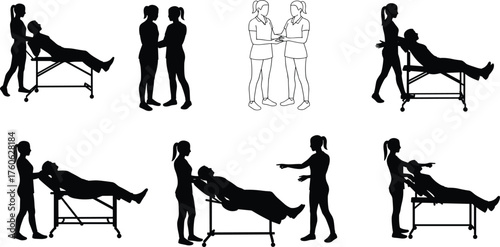 Hospital teamwork, patient care, medical silhouettes, healthcare professionals, bed interaction, clinical communication, treatment scene, minimal style, posture, hospital staff