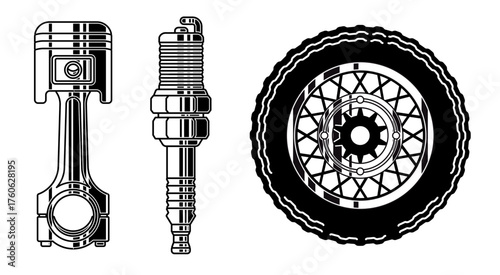 illustration of essential motorcycle garage elements piston with connecting rod spark plug detailed spoked wheel retro motor club logos custom repair shop emblems apparel design