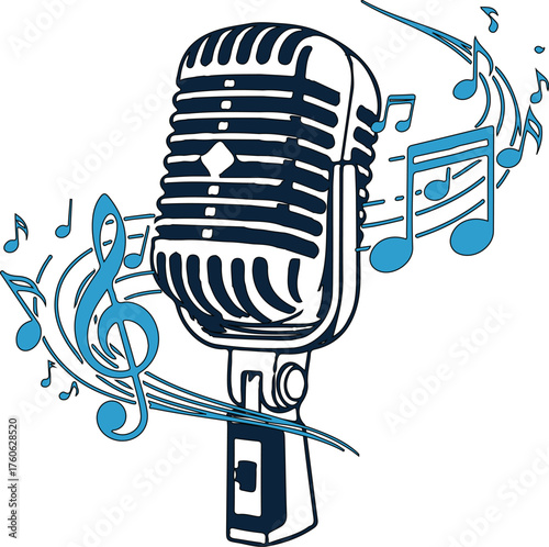 Vintage microphone with musical notes vector illustration for karaoke night music event or podcast design