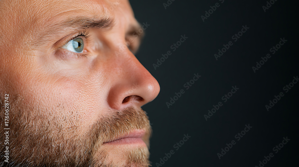 Obraz premium A contemplative man gazes into the distance. His face is framed by a neat beard, and the side profile highlights the sharpness of his features against a dark backdrop. Focused gaze.