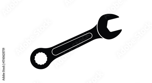 A black silhouette of a combination wrench tool against a white background representing mechanics and repair work silhouette