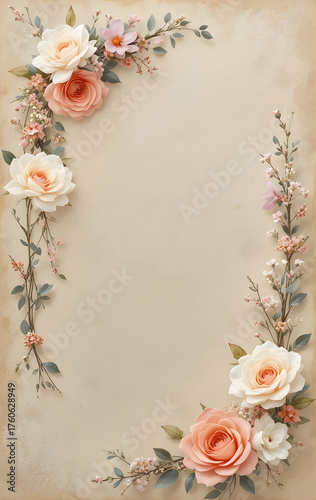  Elegant watercolor floral corners with soft coral and white roses intertwined with eucalyptus sprigs, on a beige parchment background with gently blurred middle.