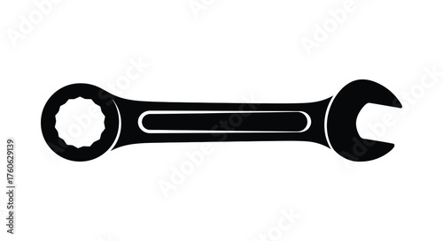 A simple black silhouette of a combination wrench with an open end and a box end on a white background