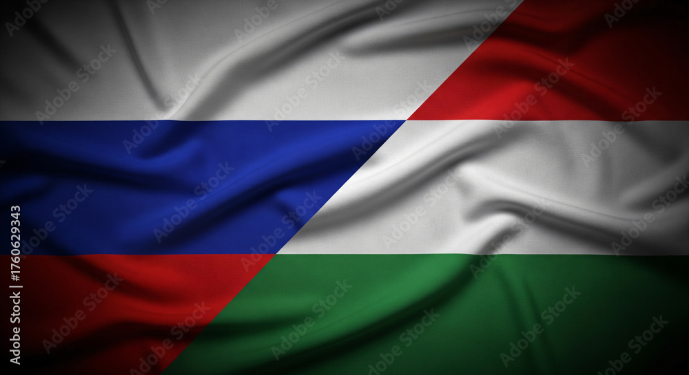 Fototapeta premium Russia And Hungary Diagonal Split Fabric Flags Representing Diplomatic Ties And Bilateral Partnership JPG