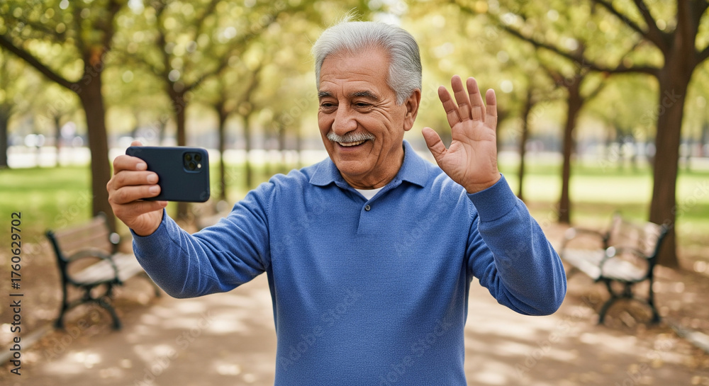 Fototapeta premium Happy senior man with a mustache waving during a video call on his smartphone while enjoying a beautiful day in a green city park