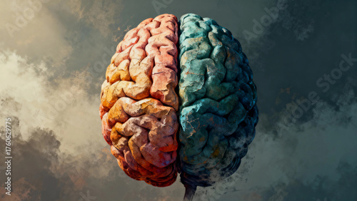 Colorful human brain with split hemispheres against a cloudy background