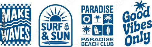 Set of four beach themed logo designs with retro surf and summer vibes vector