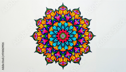 Colorful mandala design with intricate patterns on white background  