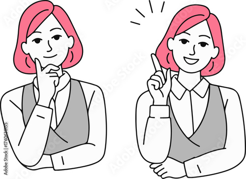Woman's thought process and idea generation simple line art two poses showing thinking and eureka moment vector