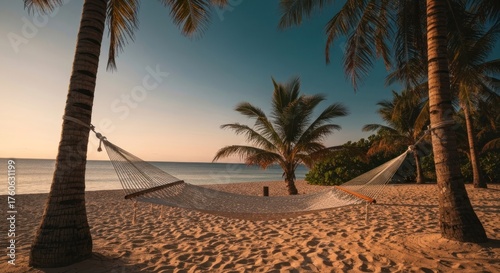 Fototapeta Naklejka Na Ścianę i Meble -  Golden sand beach with white hammock between palm trees, ocean in background at dusk