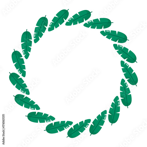 Tropical Leaf Wreath Circle Design. Minimalist circular frame made of tropical green banana leaves, perfect for eco design, natural background, summer or botanical decoration.