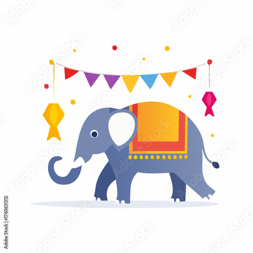 Festive elephant illustration with colorful decorations and ornaments.