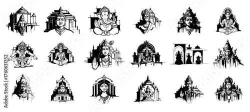 Hindu Temples and Deities Icon Set – Black Vector Line Art Indian Religion Silhouettes and Portraits