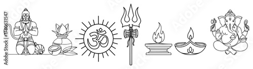 Set of Hindu deities and puja worship symbols. Collection of religious icons including Ganesha Hanuman Shiva Trishula Om and Diya lamp. Spiritual vector line art.