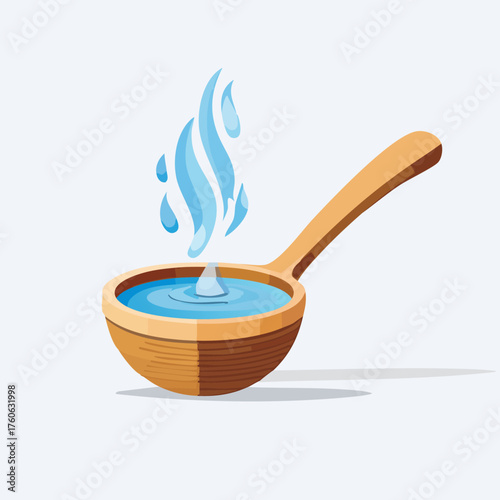 Wooden ladle with hot water and steam rising.