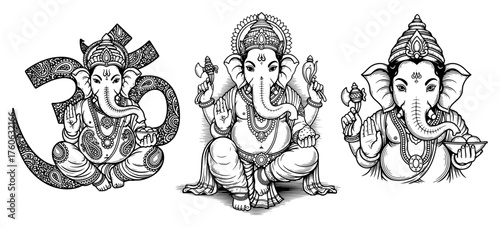 Set of Lord Ganesha illustrations. Hand-drawn Hindu elephant god Ganapati. Ornate vector collection for Ganesh Chaturthi festival and spiritual design.