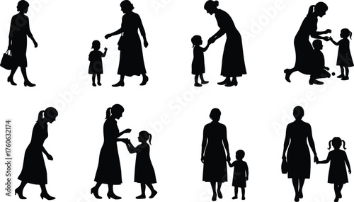 Mother and daughter silhouette, caregiving pose, walking together, emotional bond, parenting icon, family connection, black illustration, guidance moment, minimal design